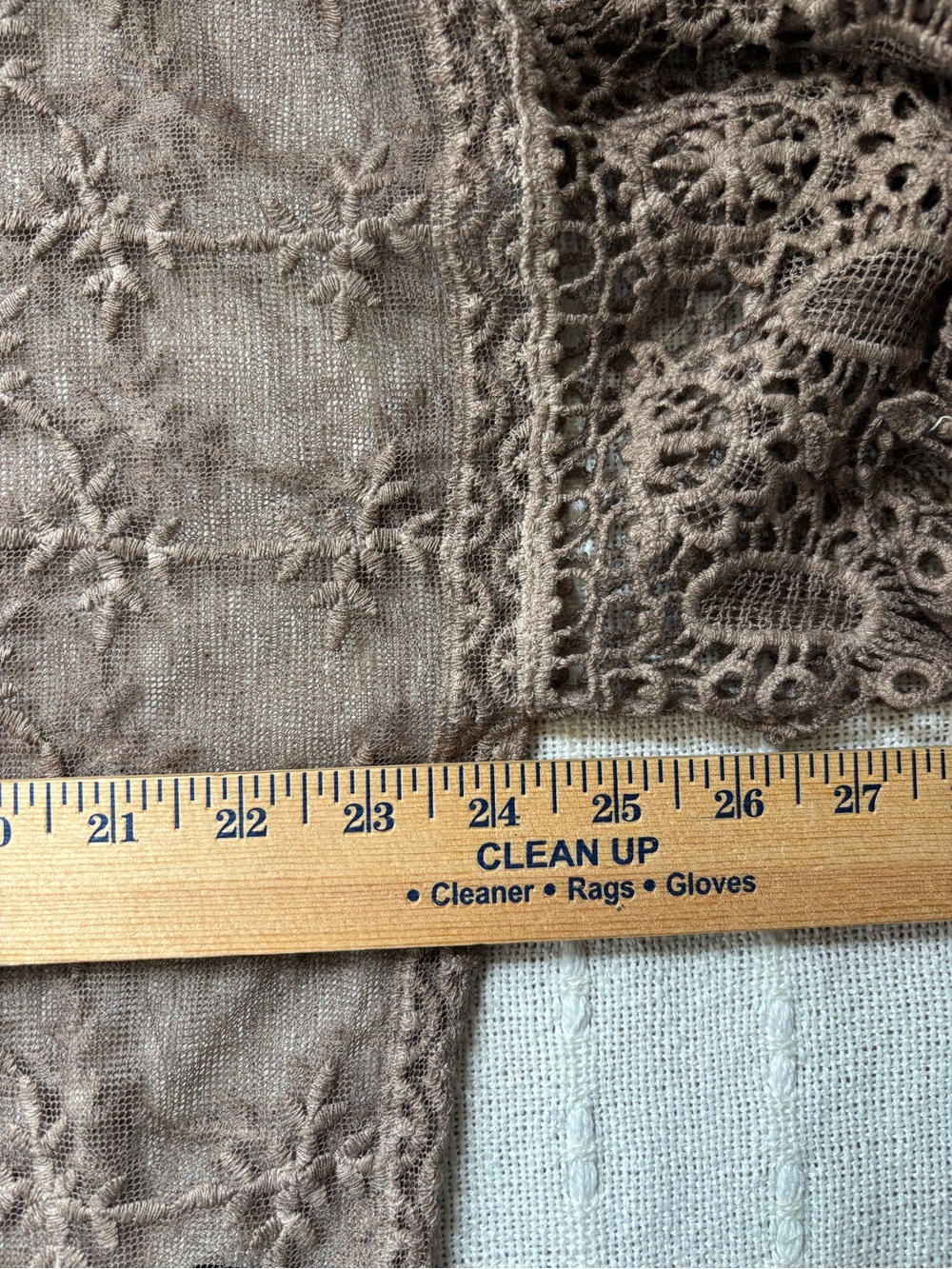 Boho Brown Crochet Lace Fringe Pullover Top Linen Blend Sheer Blouse Approx L/XL - Picture 10 of 13